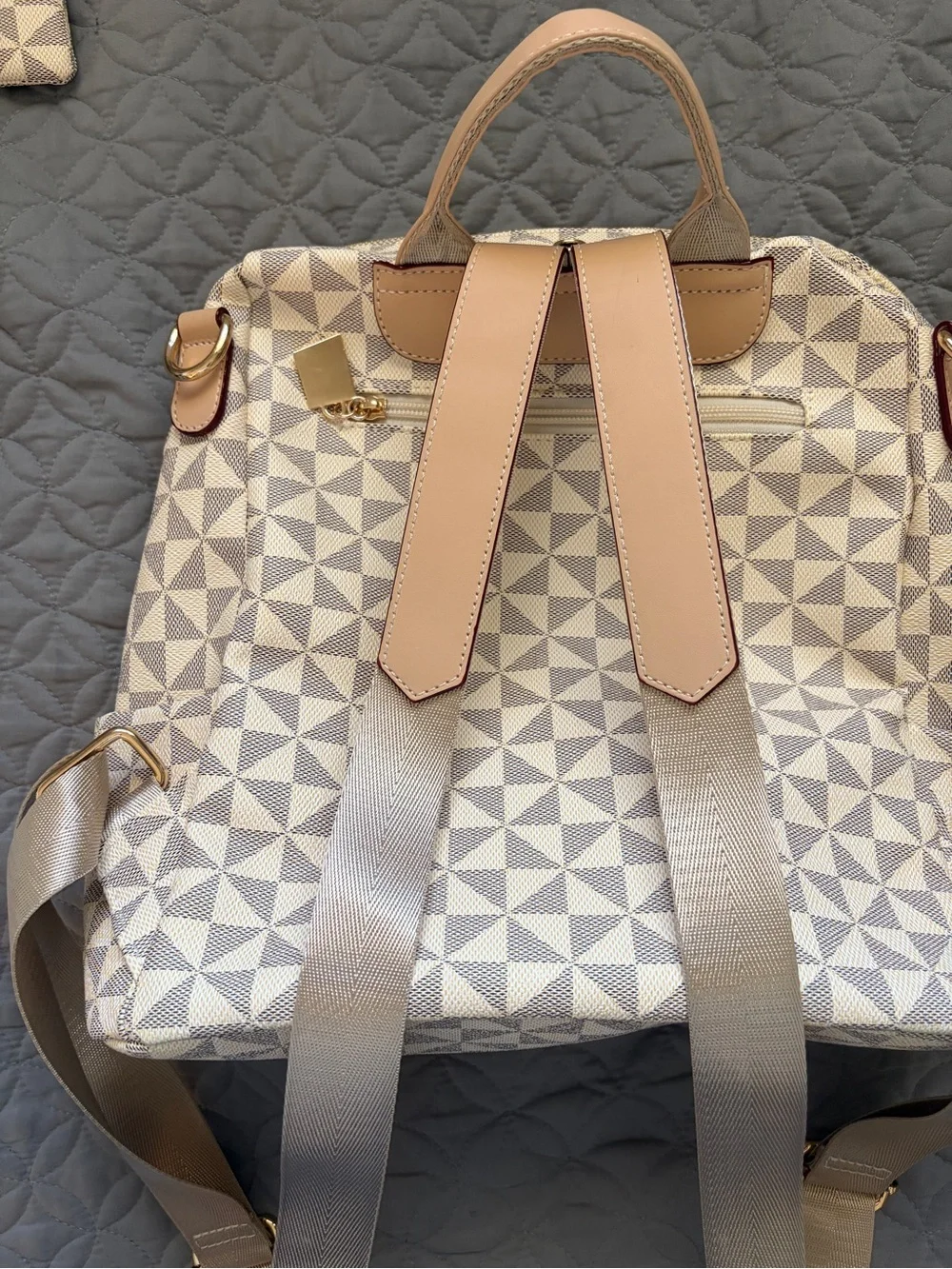 Beige Geometric Women's Backpack Purse with Matching Pouch - Contemporary Style